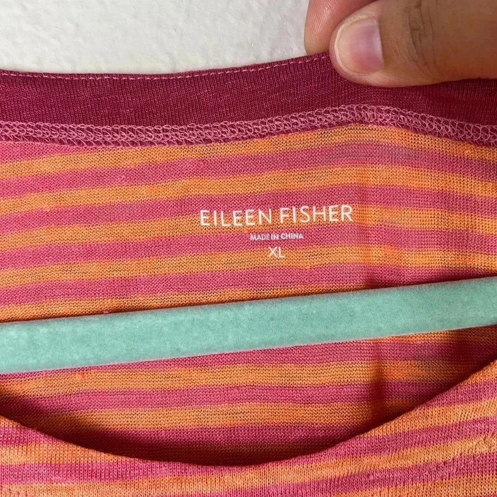 Eileen Fisher 100% Linen Jersey Stripe Tee orange pink Tunic Top size XL